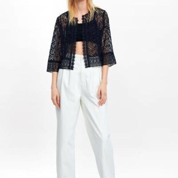 ZARA Cropped Navy Lace Jacket SMALL - Picture 2 of 8